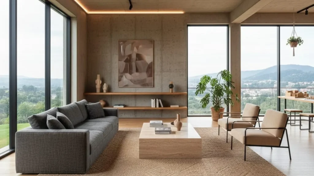 Salón de diseño contemporáneo con mobiliario a medida en madera de roble, paredes de hormigón visto y grandes ventanales con vistas al paisaje.