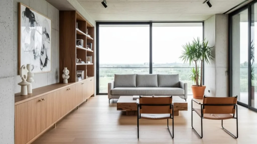 Salón de estilo contemporáneo con librería de madera integrada a medida, paredes de hormigón visto y sillas de cuero en un espacio abierto de Sentido Estudio.