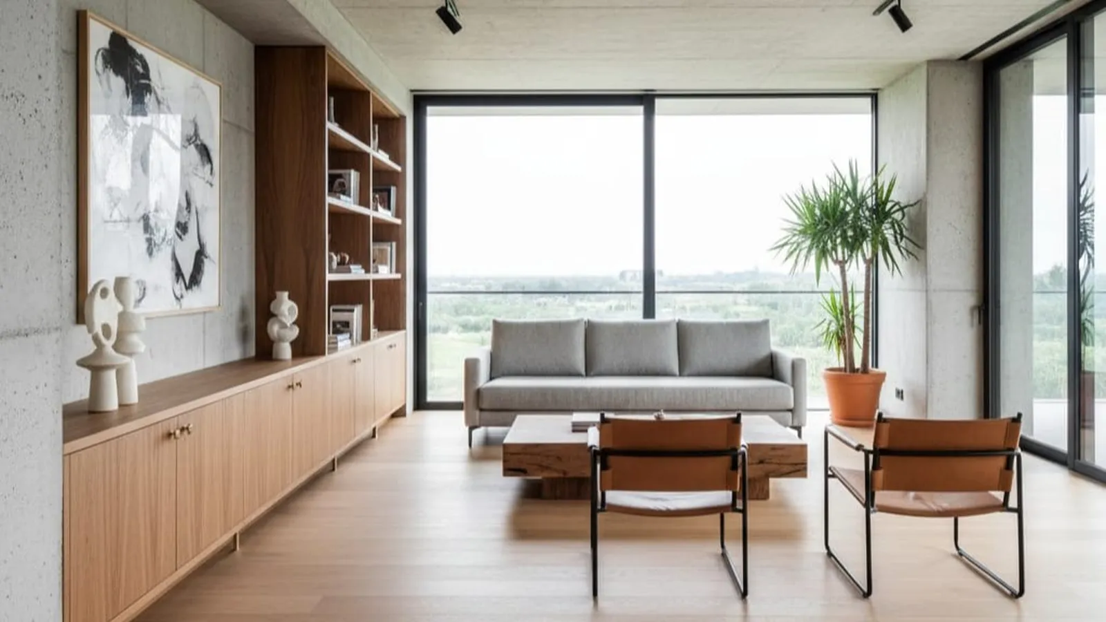 Salón de estilo contemporáneo con librería de madera integrada a medida, paredes de hormigón visto y sillas de cuero en un espacio abierto de Sentido Estudio.